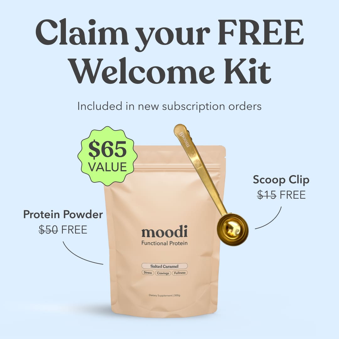 Free Moodi Welcome Kit with new subscriptions: Functional Protein pouch and gold scoop clip, $65 value