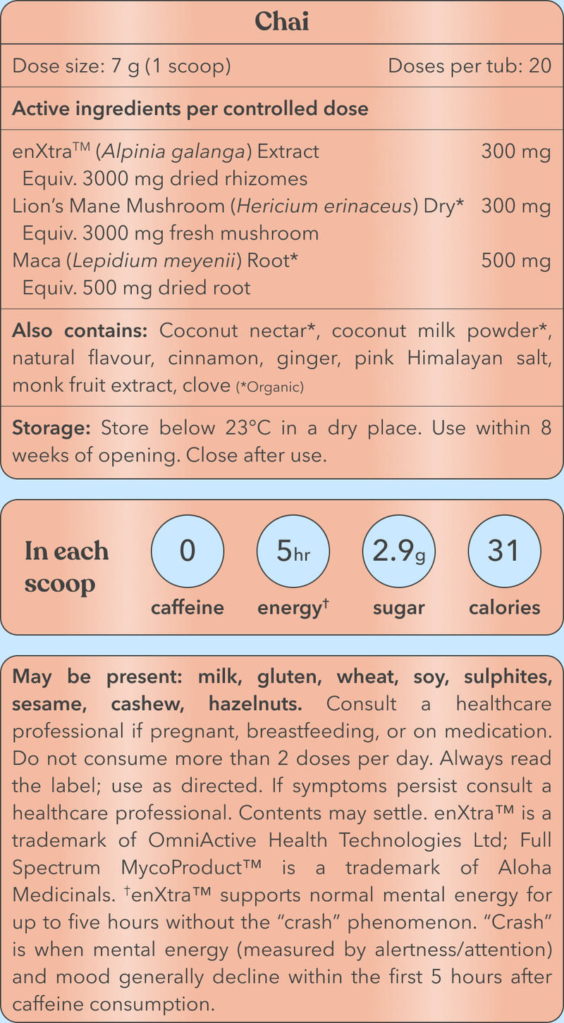 Product label with Chai supplement details, including active ingredients and dosing information.