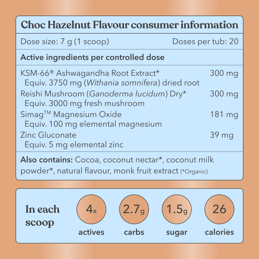 Consumer information label for Choc Hazelnut Flavour product with active ingredients and nutritional details.
