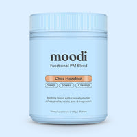 Moodi Choc Hazelnut PM Blend with festive edition label on light blue background