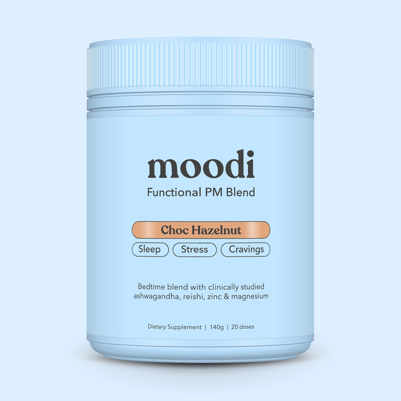 Moodi Choc Hazelnut PM Blend with festive edition label on light blue background