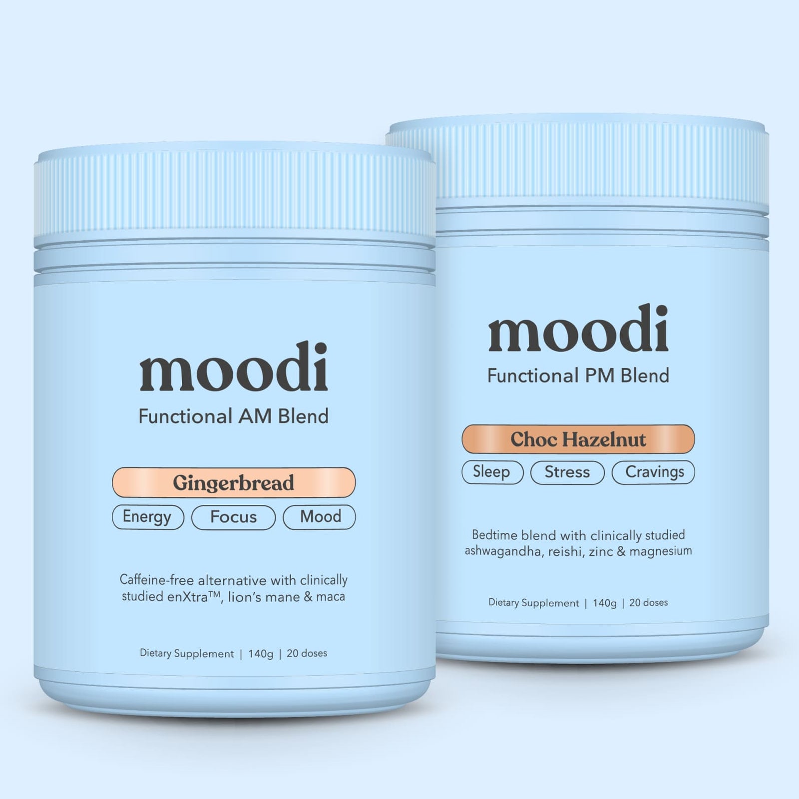 Two jars of 'moodi' Functional AM Blend and Choc Hazelnut on a light blue background with a festive edition label.