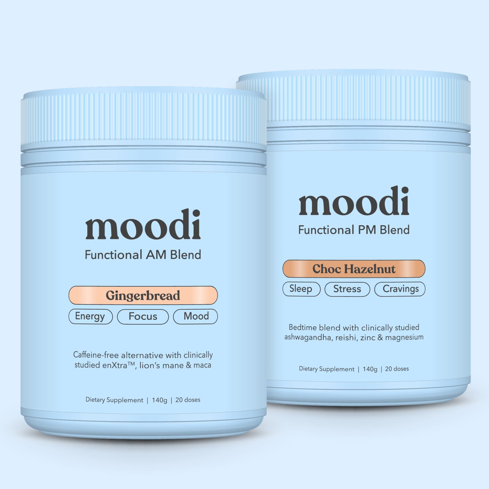 Two jars of 'moodi' Functional AM Blend and Choc Hazelnut on a light blue background with a festive edition label.