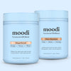 Two jars of 'moodi' Functional AM Blend and Choc Hazelnut on a light blue background with a festive edition label.