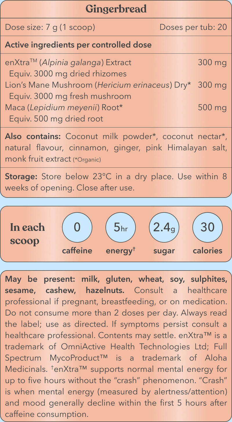 Gingerbread supplement label with active ingredients, storage instructions, and nutritional information.
