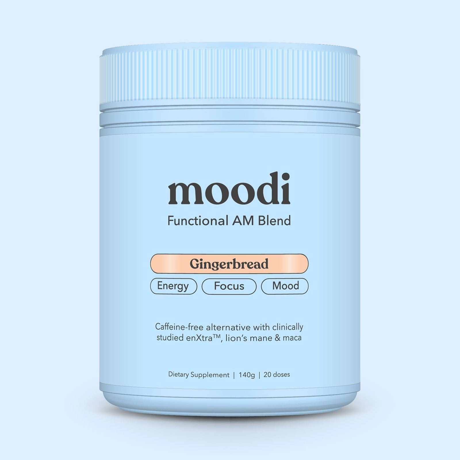 Blue container of 'moodi' Functional AM Blend Gingerbread on a light blue background