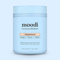 Blue container of 'moodi' Functional AM Blend Gingerbread on a light blue background
