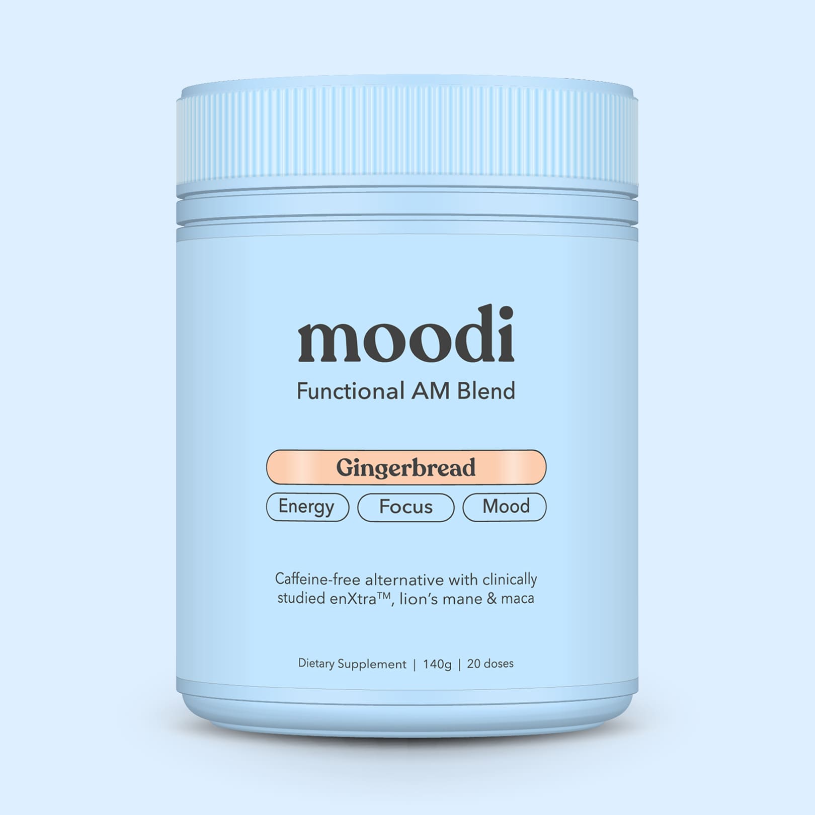 Blue container of 'moodi' Functional AM Blend Gingerbread on a light blue background