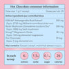 Hot Chocolate consumer information with active ingredients and product details on a pink background