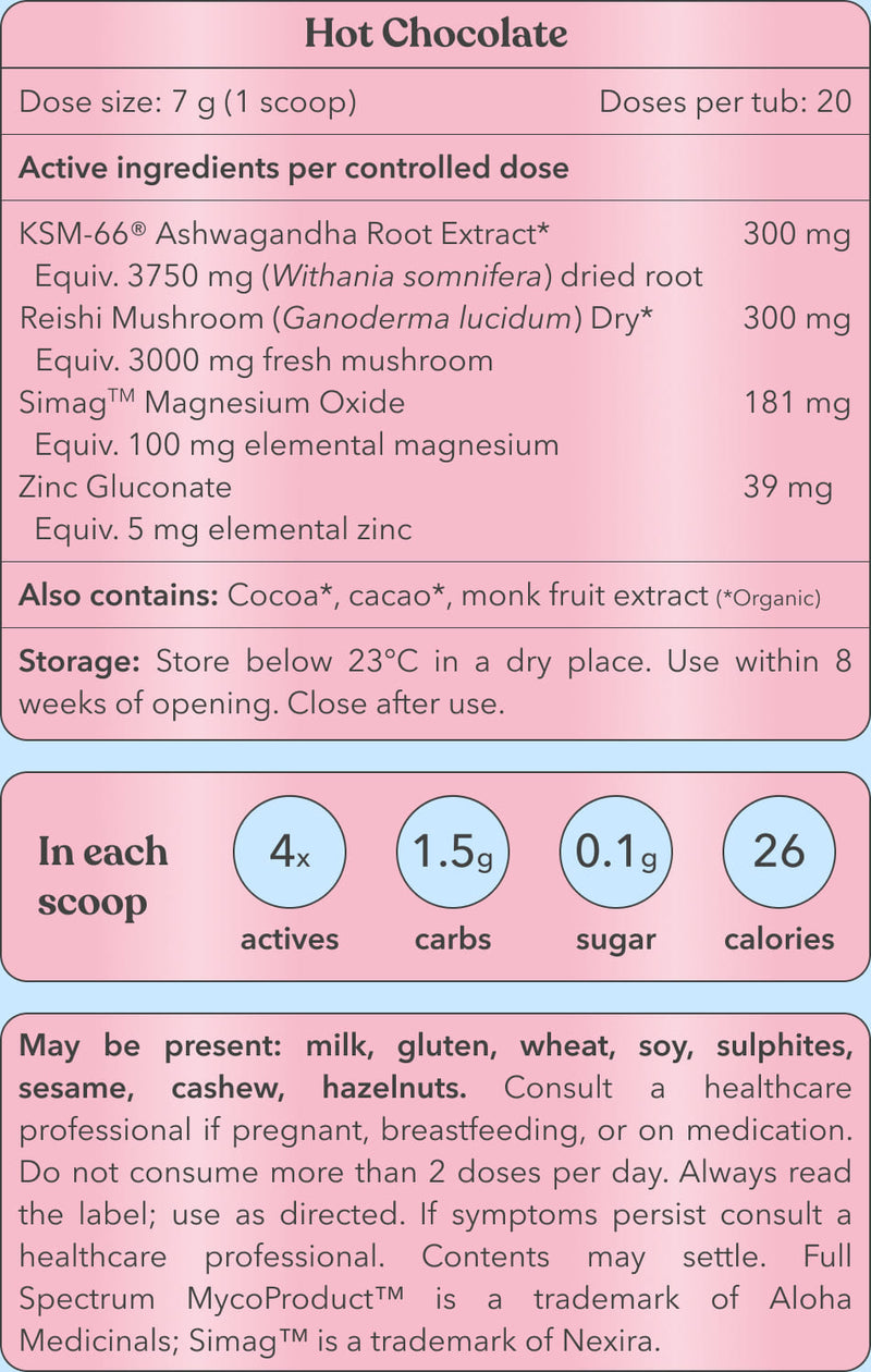 Hot Chocolate supplement packaging with active ingredients and nutritional information.