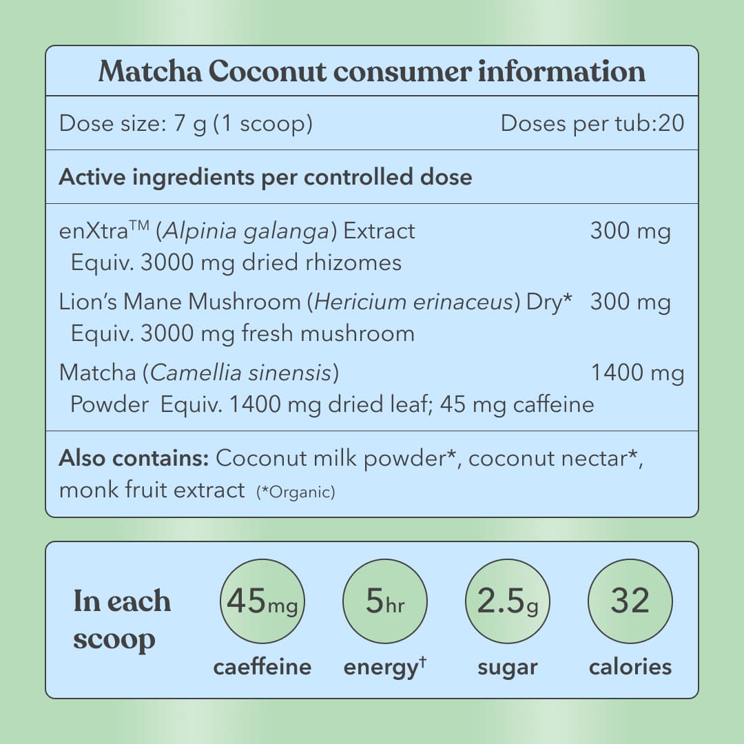 Matcha Coconut consumer information label with active ingredients and product details on a green background.