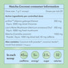 Matcha Coconut consumer information label with active ingredients and product details on a green background.
