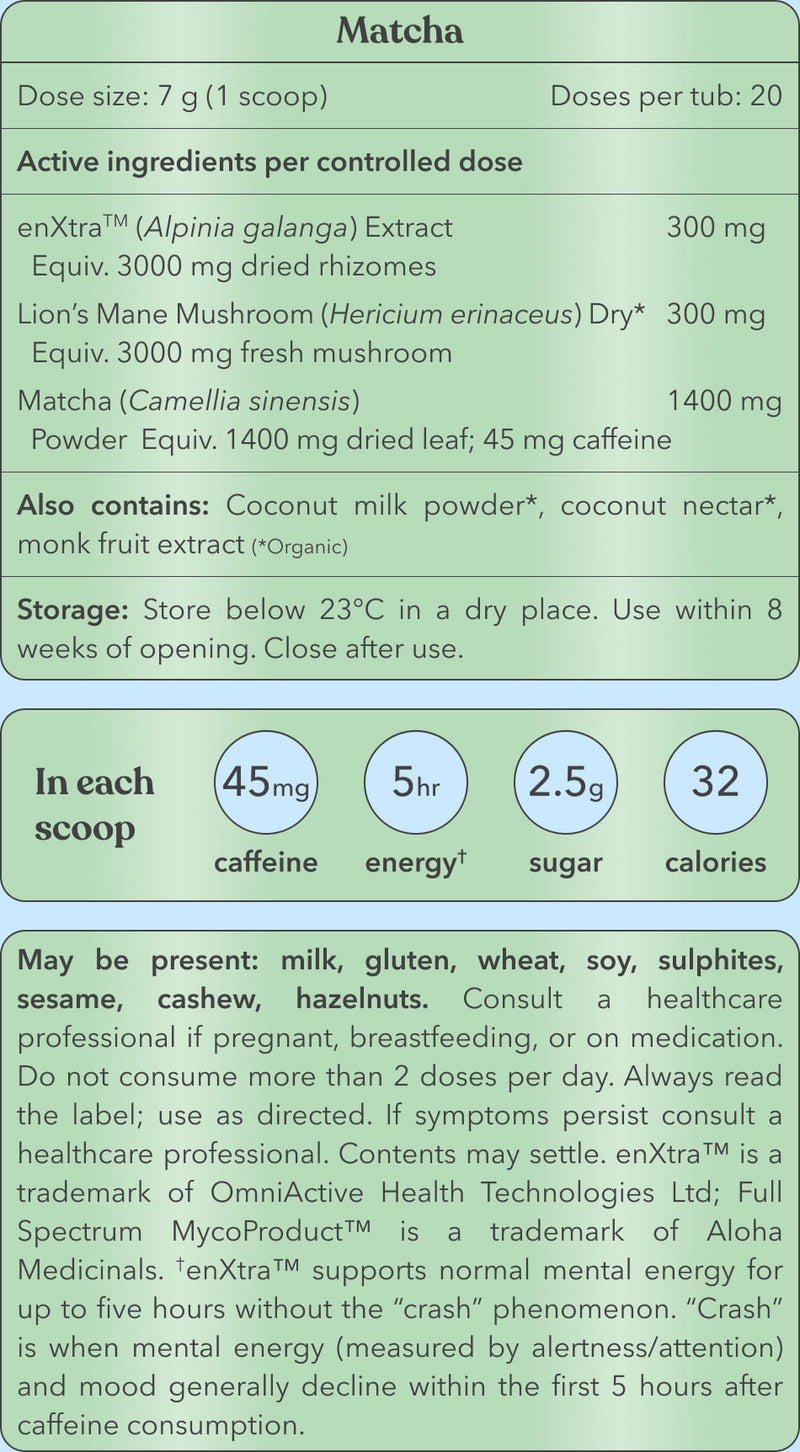 Matcha Coconut consumer information sheet with active ingredients and dosages.