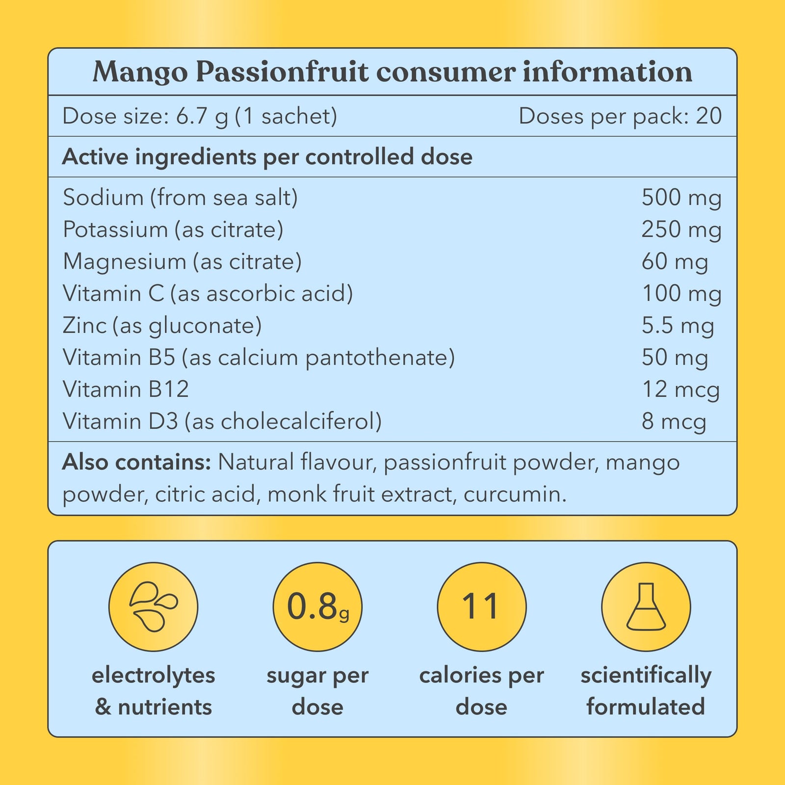 Mango Passionfruit consumer information with active ingredients and nutritional details on a yellow background.