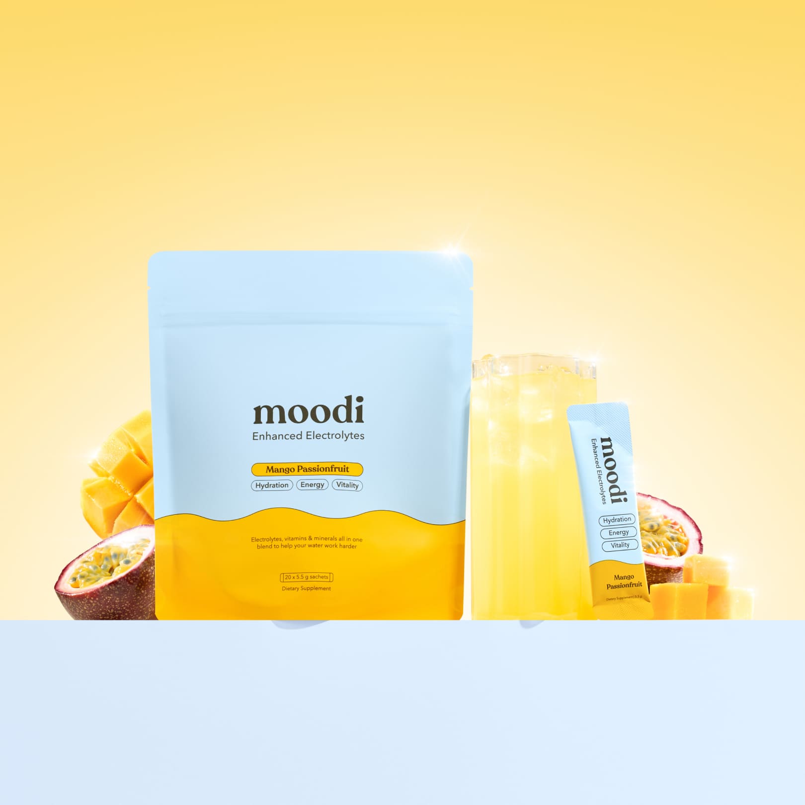 Moodi Mango Passionfruit Enhanced Electrolyte pouch and sachet with drink and fruit slices on a yellow background