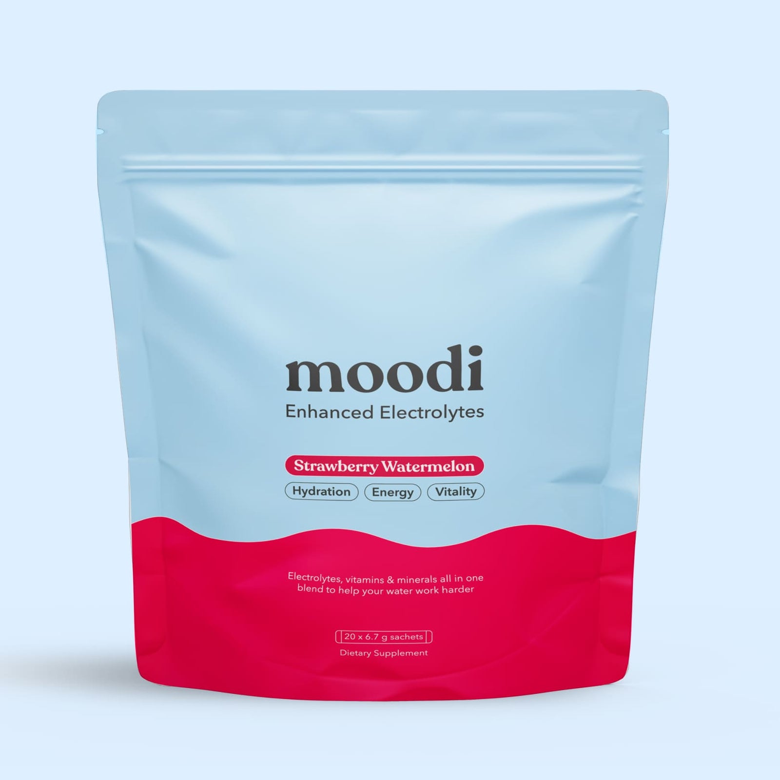 Moodi Strawberry Watermelon Enhanced Electrolytes pouch on a light blue background