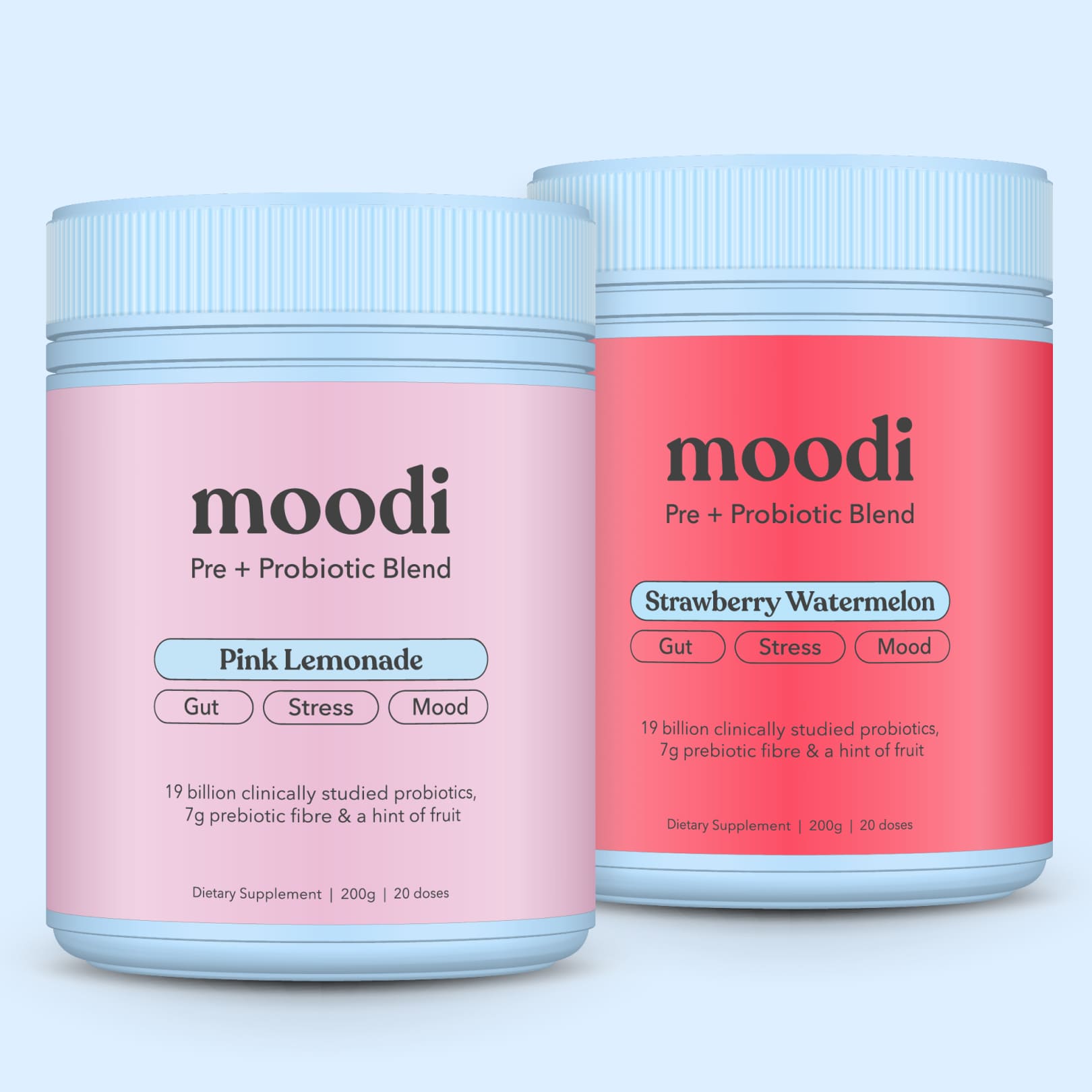 Close up shot of Pink Lemonade Pre + Probiotic Blend and Strawberry Watermelon Pre + Probiotic Blend tubs on a blue background.