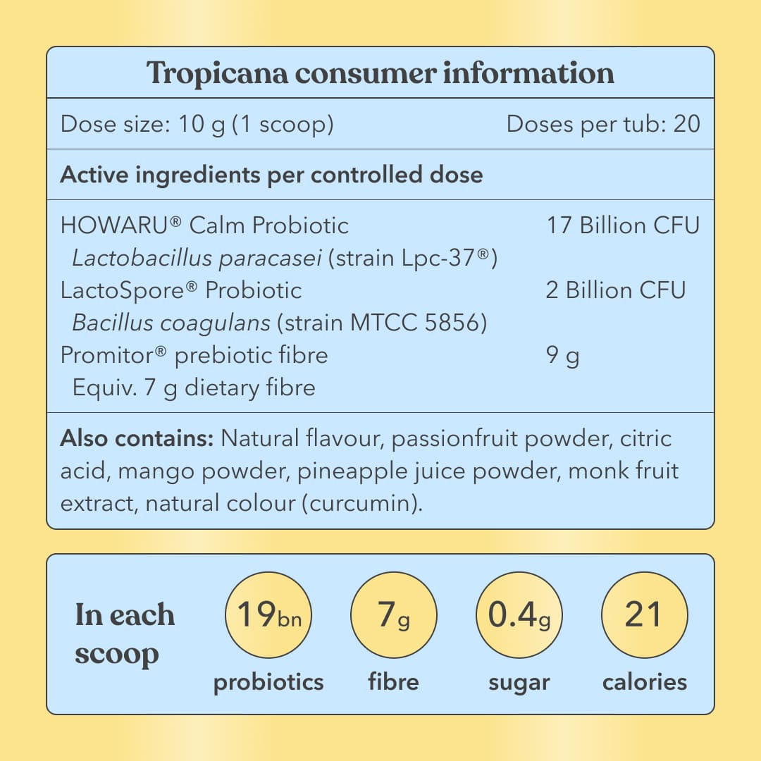 Tropicana consumer information label with product details on a yellow background