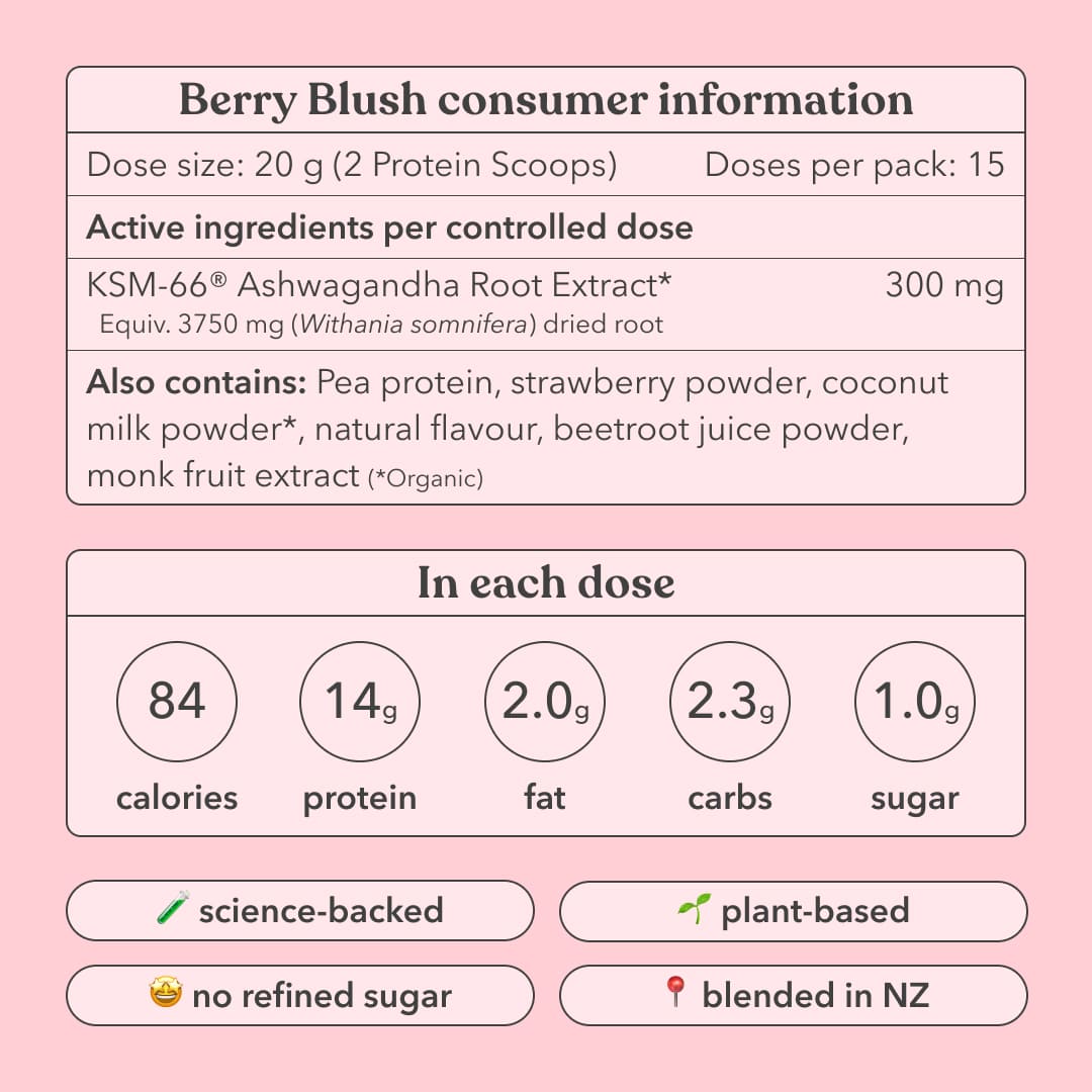 Berry Blush consumer information label with nutritional details and product features on a light pink background.
