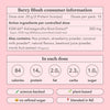 Berry Blush consumer information label with nutritional details and product features on a light pink background.