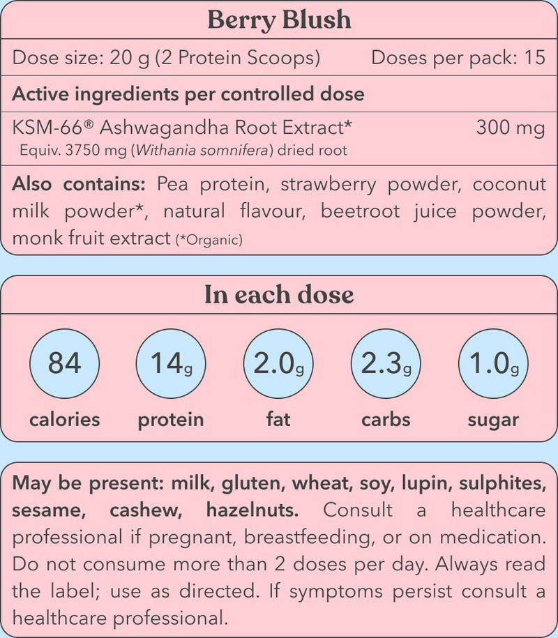 Nutritional label for a product called 'Berry Blush' with details on dosing, ingredients, and nutritional information.