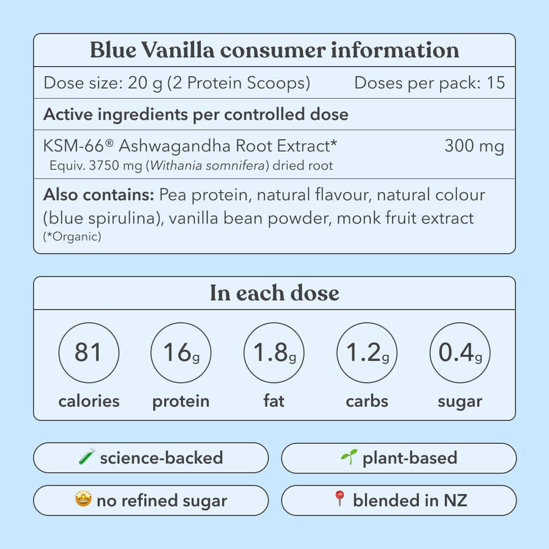 Blue Vanilla consumer information label with nutritional details and product features on a light blue background.