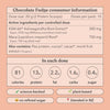 Chocolate Fudge consumer information label with nutritional details and product features on a brown background.
