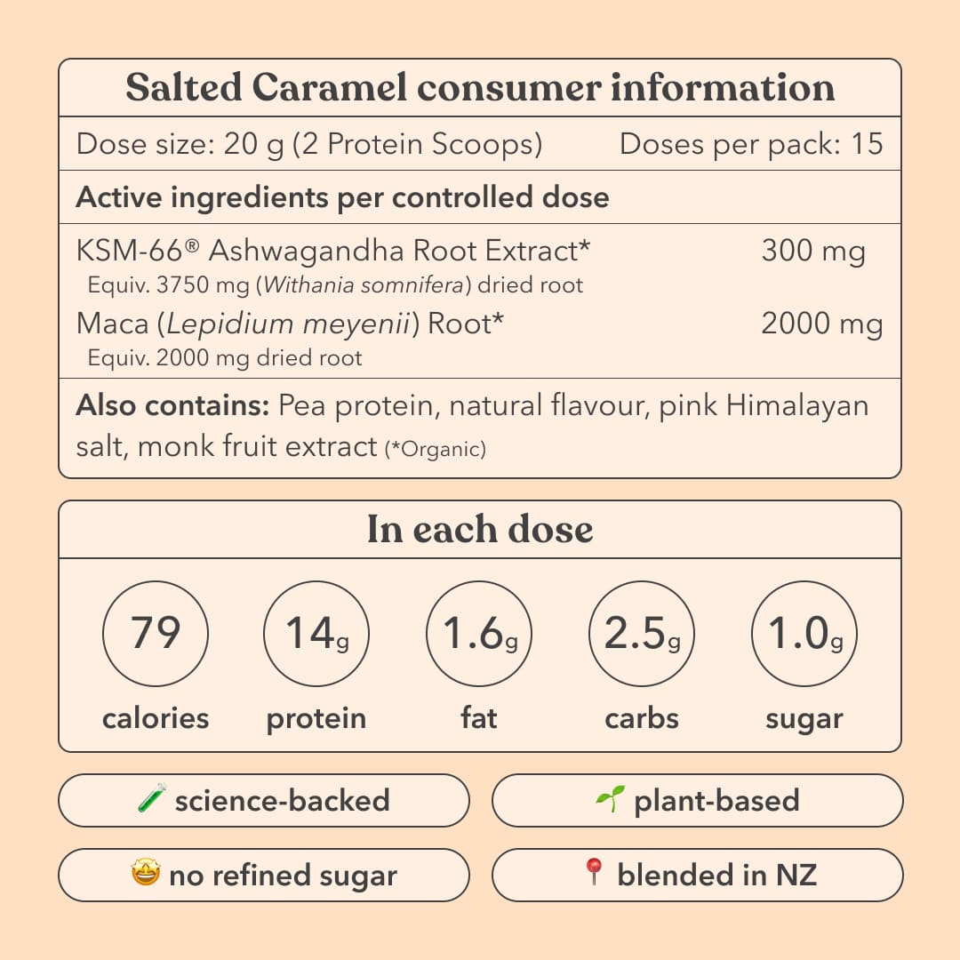 Slated Caramel consumer information label with nutritional details and product features on a light brown background.