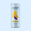 A 250 ml can of moodi Pre + Probiotic Soda in Mango Passionfruit flavor, featuring a light blue design with illustrations of a yellow mango and a purple passionfruit, on a light blue background.