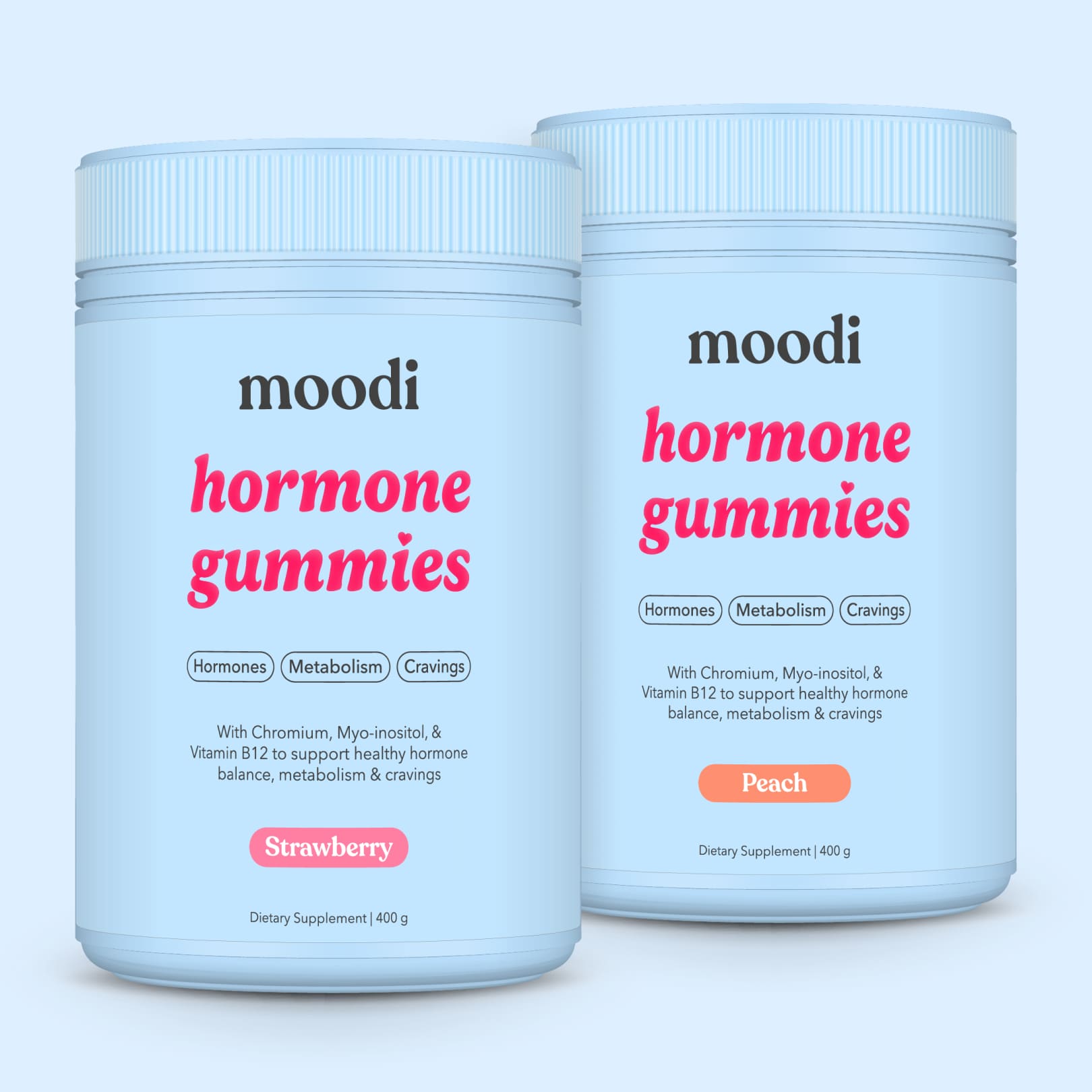 Moodi strawberry and peach hormone gummies tubs on a light blue background