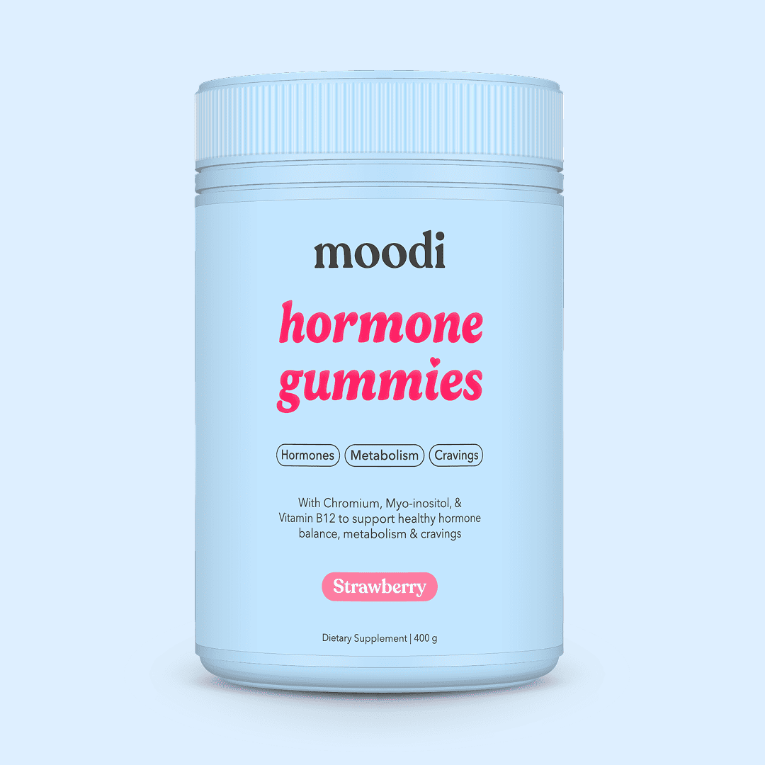 Moodi Strawberry hormone gummies tub on a light blue background