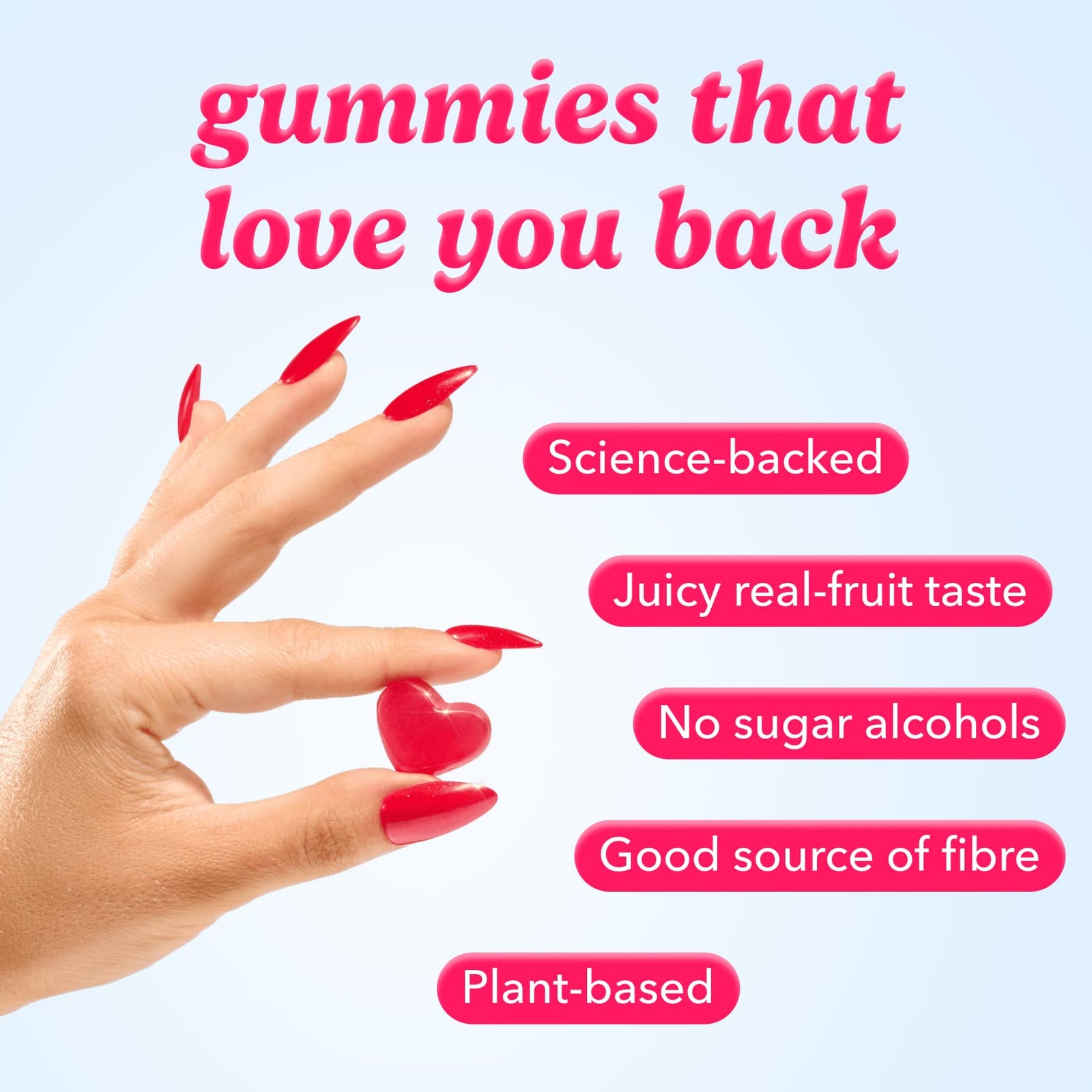 Hand holding a red gummy with text about health benefits on a light blue background