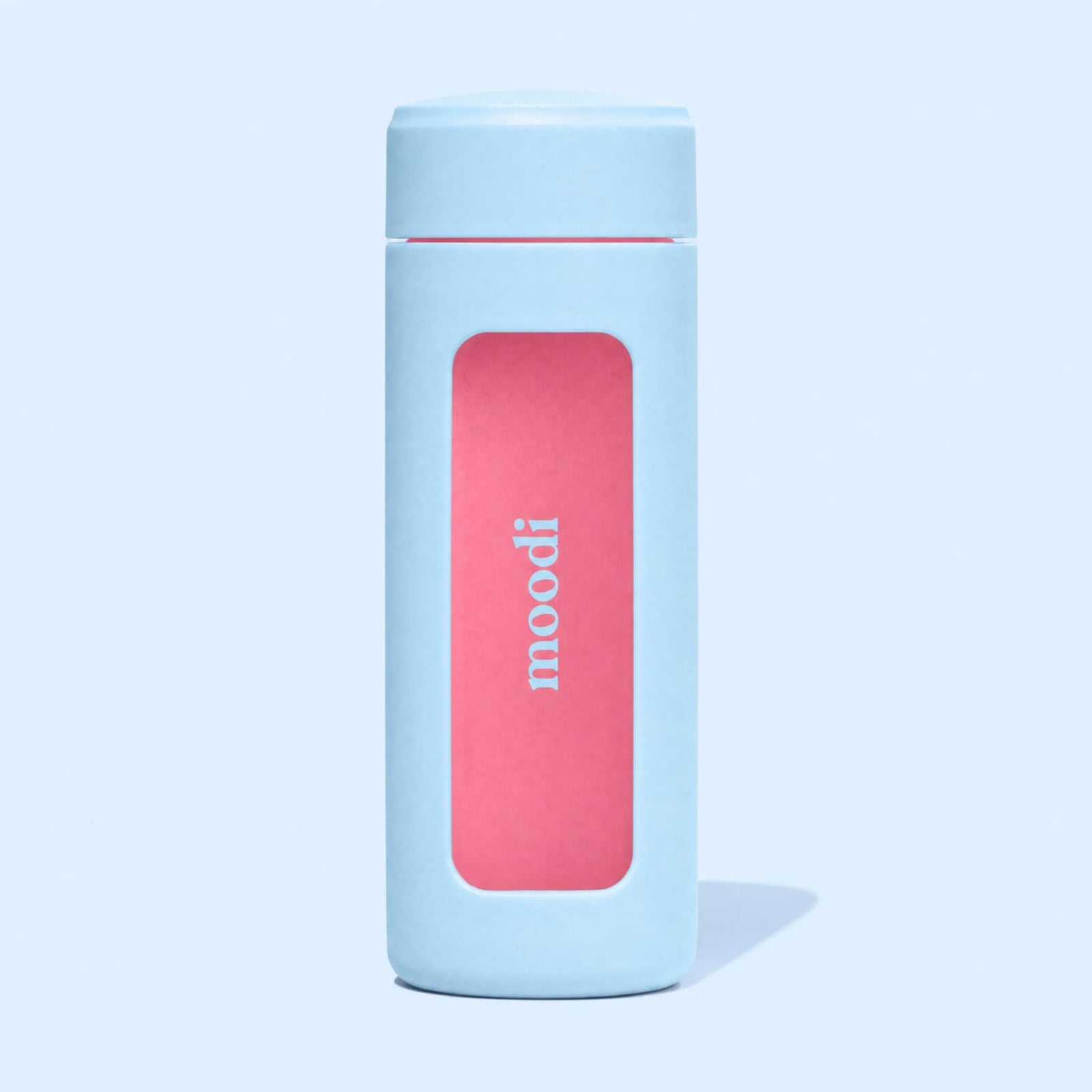 A light blue insulated bottle with a pink rectangular window on the front displaying the vertical brand name 'mood'.