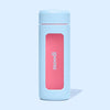 A light blue insulated bottle with a pink rectangular window on the front displaying the vertical brand name 'mood'.