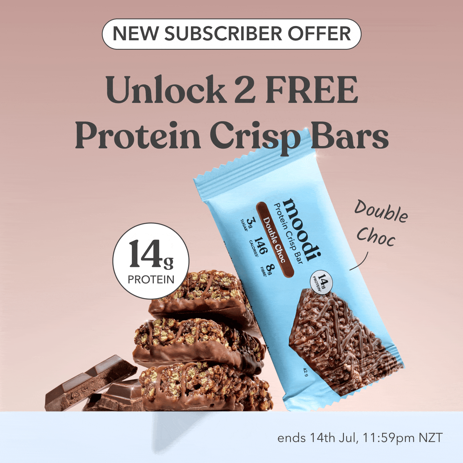 A gif of FREE Moodi Double Choc and Strawberry Vanilla Protein Crisp Bars on subscriptions with text NEW SUBSCRIBER OFFER