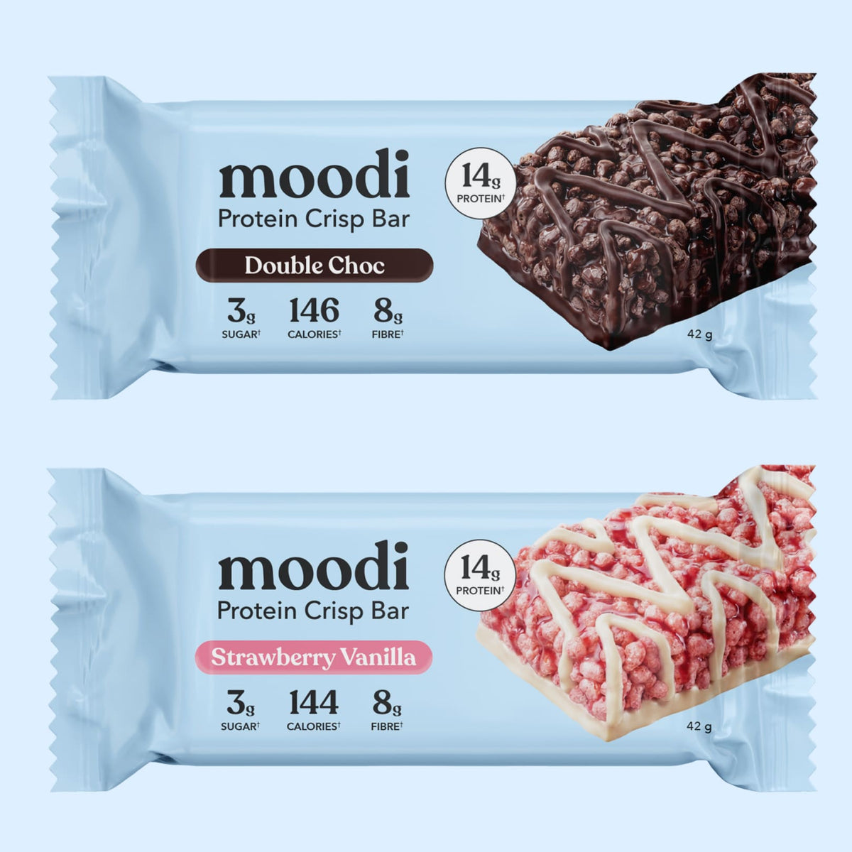 Protein Crisp Bar Mixed Pack with Double Choc and Strawberry Vanilla wrappers and crispy bars.