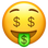 Emoticon with a dollar sign mouth and tongue, on a plain background