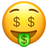 Emoticon with a dollar sign mouth and tongue, on a plain background